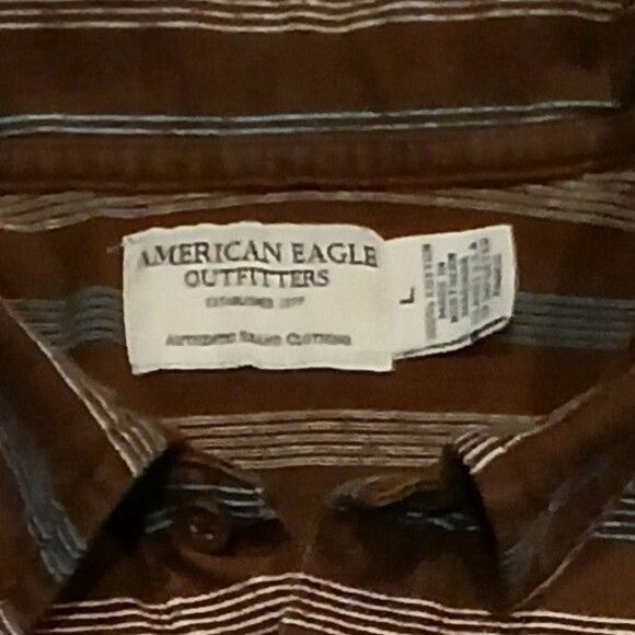 Vintage American Eagle Outfitters Brown Blue & Tan Striped Polo Shirt Men L - Picture 3 of 6